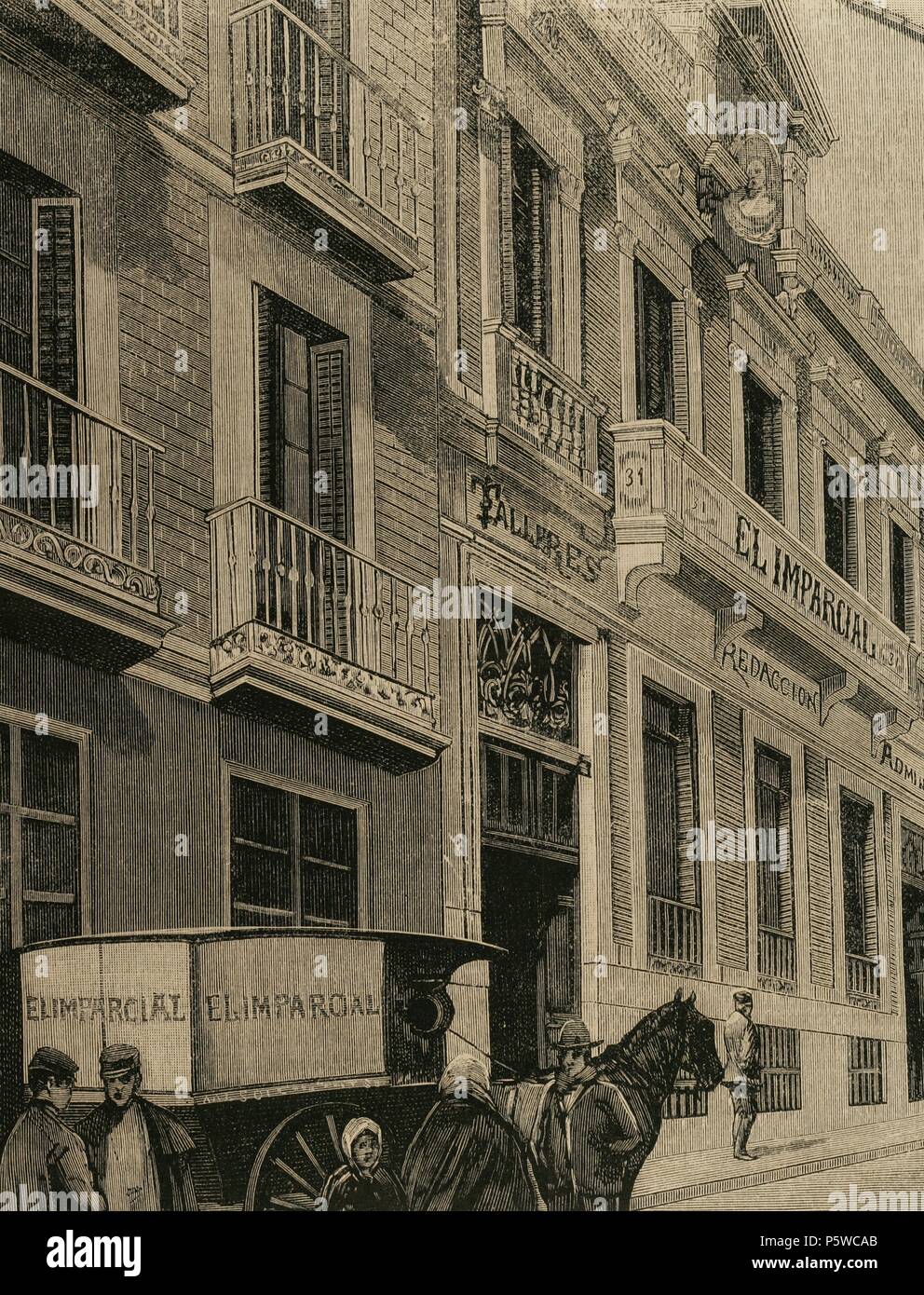 Spain. Madrid. Exterior of the new building of the newspaper El Imparcial (The Impartial). Engraving in The Spanish and American Illustration, 1889. Stock Photo
