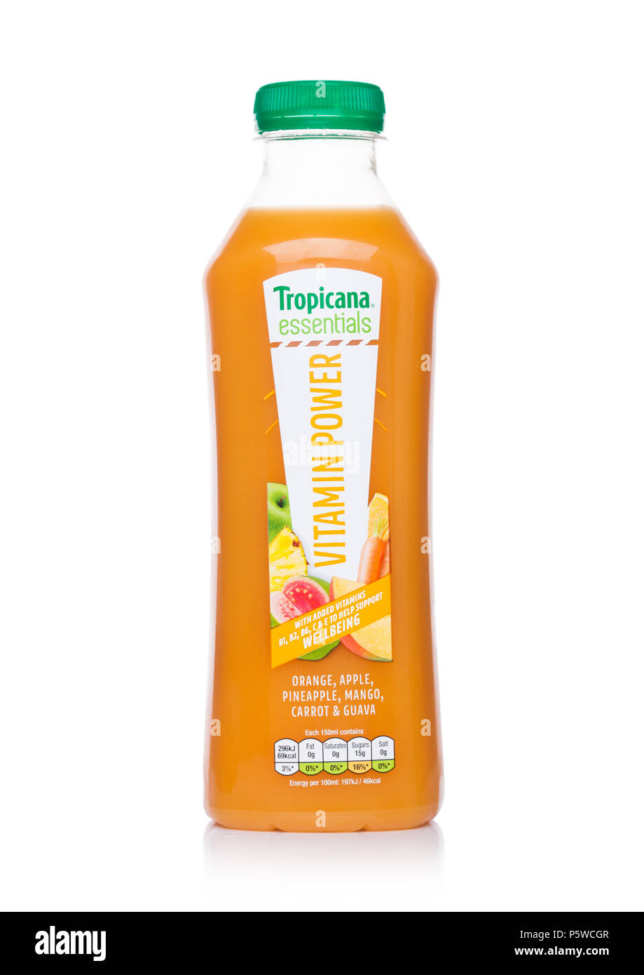 LONDON, UK - JUNE 23, 2018: Bottle of Tropicana Essentials Vitamin power on white background.Tropicana Products Inc. is an American fruit juice compan Stock Photo