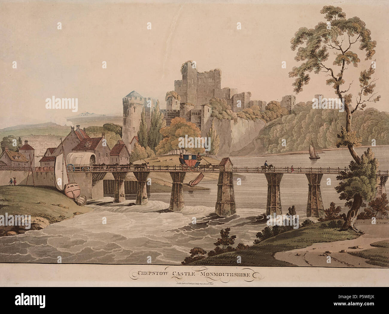 Chepstow Castle, Monmouthshire. [graphic].. 1 print : aquatint, col ; image size 333 x 491 mm., paper size 375 x 512 mm. 1812. N/A 337 Chepstow Castle, Monmouthshire. (3375668) Stock Photo