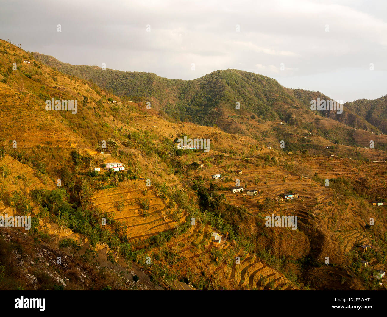 Terraced fields at a remote village on the Nandhour Valley, Kumaon Hills, Uttarakhand, India Stock Photo