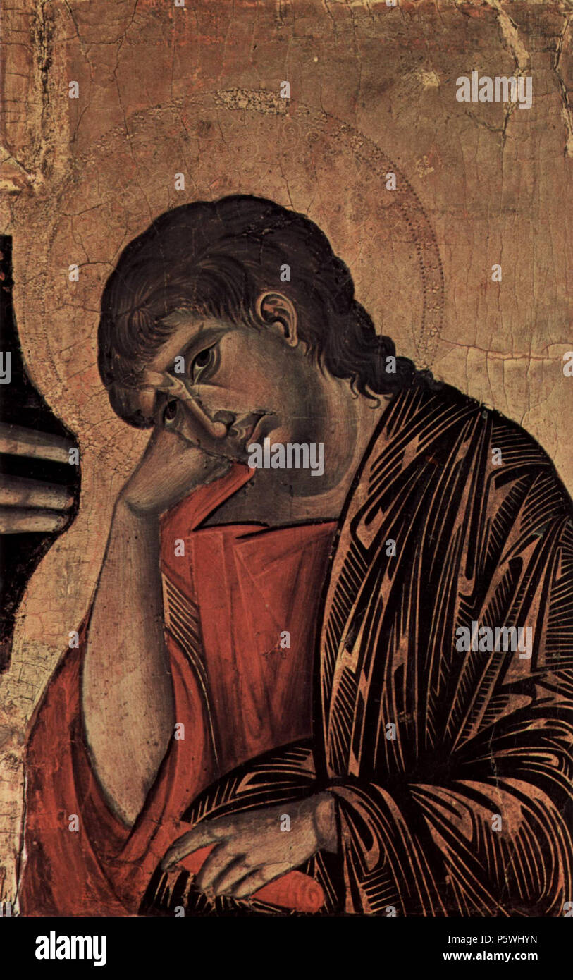 Deutsch: Kreuzigung, Tondo: Segnender Christus, Kreuzarme: Maria und Johannes, Detail: Johannes  Italiano: San Giovanni evangelista. Dettaglio dal crocefisso di Cimabue (prima del restauro), conservato nella chiesa di San Domenico ad Arezzo.   1268-1271. N/A 348 Cimabue 030 Stock Photo