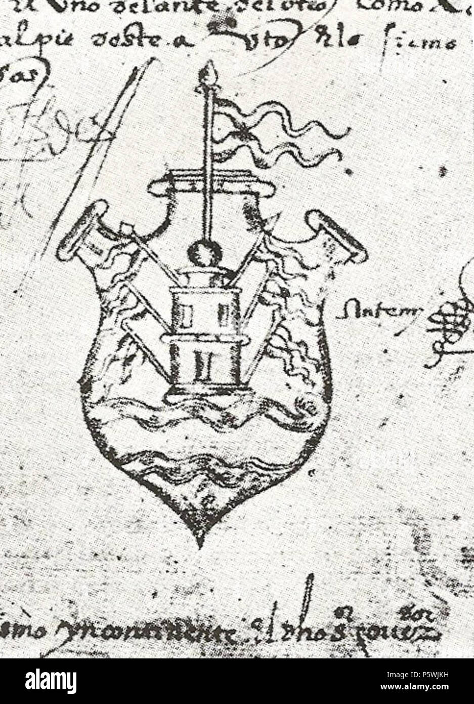 N/A. English: Coat of arms of Córdoba, Argentina, included in the book of records of the town, probably designed by the scribe Francisco Torres. Español: Escudo de Córdoba, Argentina, incluido en el libro de actas del cabildo, probablemente diseñado por el escribano Francisco de Torres. Português: Brasão de Cordoba, Argentina, incluído no livro de registros da cidade, provavelmente desenhado pelo balconista Francisco Torres. 1573. Unknown 525 Escudo de cordoba de francisco de torres Stock Photo