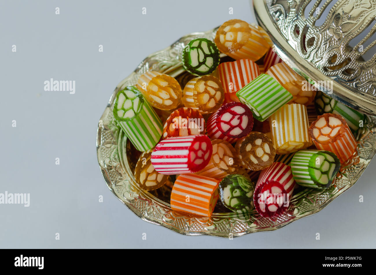 Colorful,traditional Turkish/Ottoman hard candies in the silver bowl,on