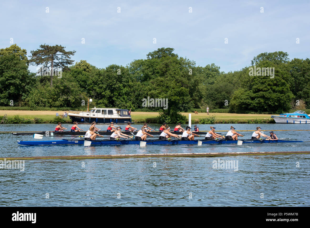 Henley on Thames, United Kingdom, 24th June 2018, Sunday, 'Henley Women's Regatta', view, a heat of the Junior women's eights, in progress between, in white, 'Phillips Academy, USA', and in Red, 'National Cathedral School USA',  Henley Reach, River Thames, England, © Peter SPURRIER,  24/06/2018 Stock Photo