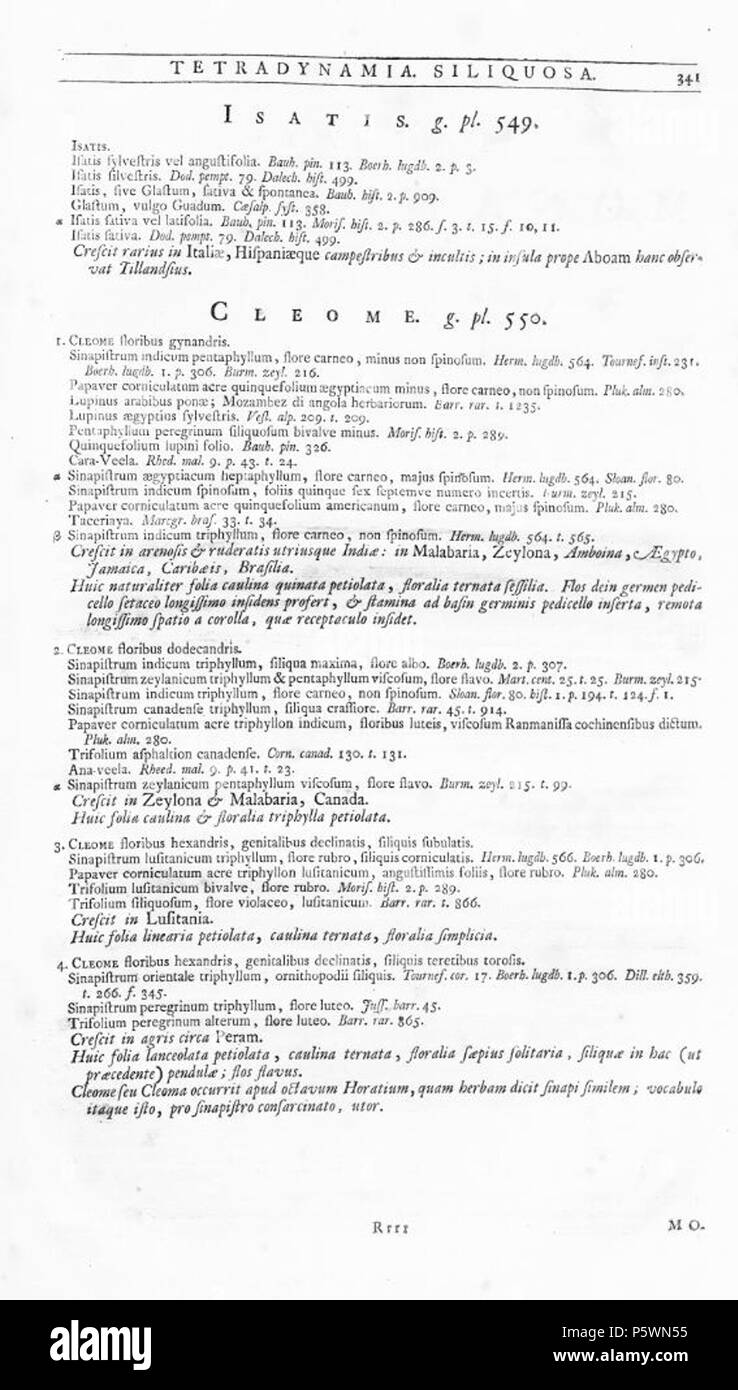 N/A. Page 341 from Hortus Cliffortianus Plantas exhibens Quas In Hortistam Vivis quam Siccis, Hartecampi in Hollandia . 1737.   Carl Linnaeus  (1707–1778)       Alternative names Carl Linnaeus  Description geologist, professor, botanist, physician, autobiographer and naturalist  Date of birth/death 23 May 1707 10 January 1778  Location of birth/death Råshult Linnaeus Hammarby  Work location Uppsala; Stockholm  Authority control  : Q1043 VIAF:34594730 ISNI:0000 0001 2127 4957 ULAN:500372798 LCCN:n79109333 NLA:35307414 WorldCat 353 Cleome-Hortus Cliffortianus-P341 Stock Photo
