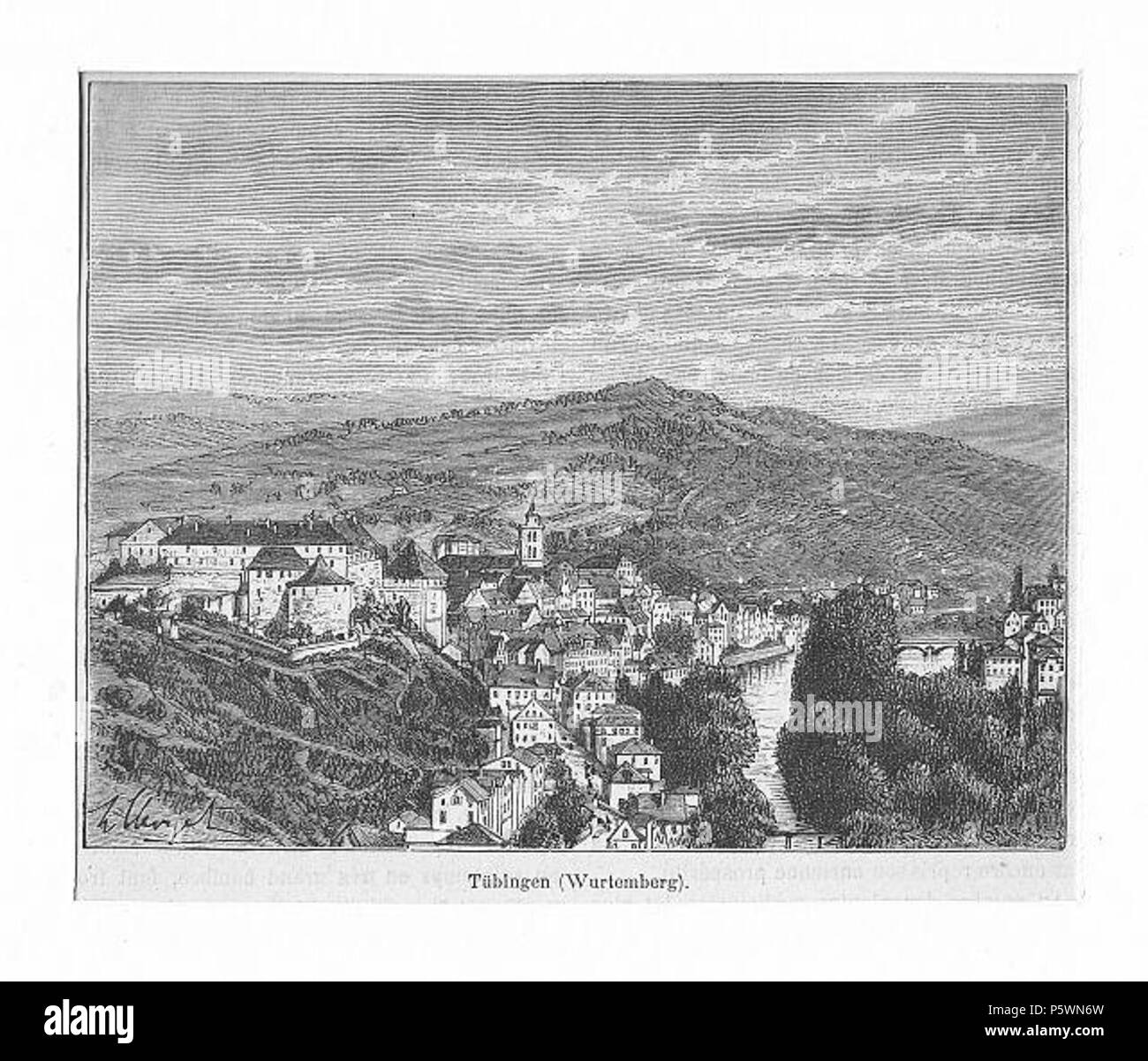353 Clerget - Tübingen vom Schlossberg aus Holzstich ca.1855 Stock Photo