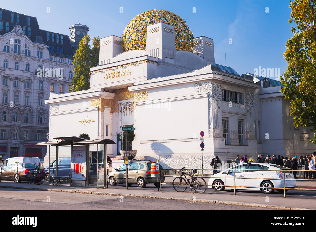 Vienna, Austria - November 4, 2015: The Vienna Secession building, built in 1897 by Joseph Maria Olbrich. Ordinary people walk nearby Stock Photo