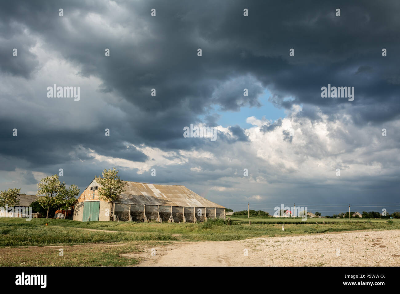 A cowshed in the background of a thunderous landscape. Gloomy thunderous rural landscape. Stock Photo
