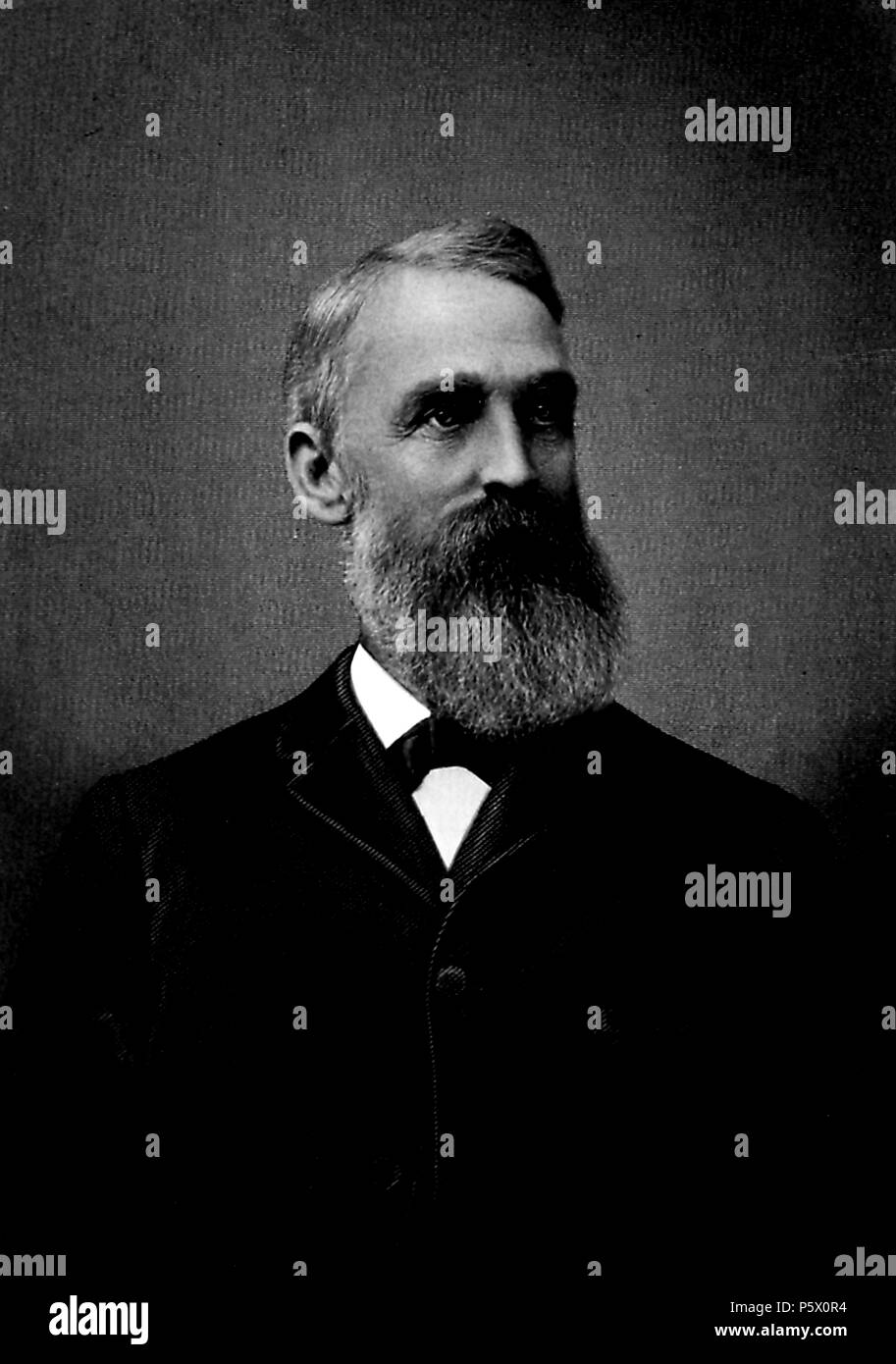 Black and white portrait photograph of George H Vose, prominent California agriculturalist, shown from the waist up, his head turned in three-quarter view, with a bushy grey beard and mustache, a dark suit, and a thoughtful expression on his face, from the volume 'History of the State of California and Biographical Record of Oakland and Environs, ' authored by JM (James Miller) Guinn, and published in Los Angeles by the Historic Record Co, 1907. Courtesy Internet Archive. () Stock Photo