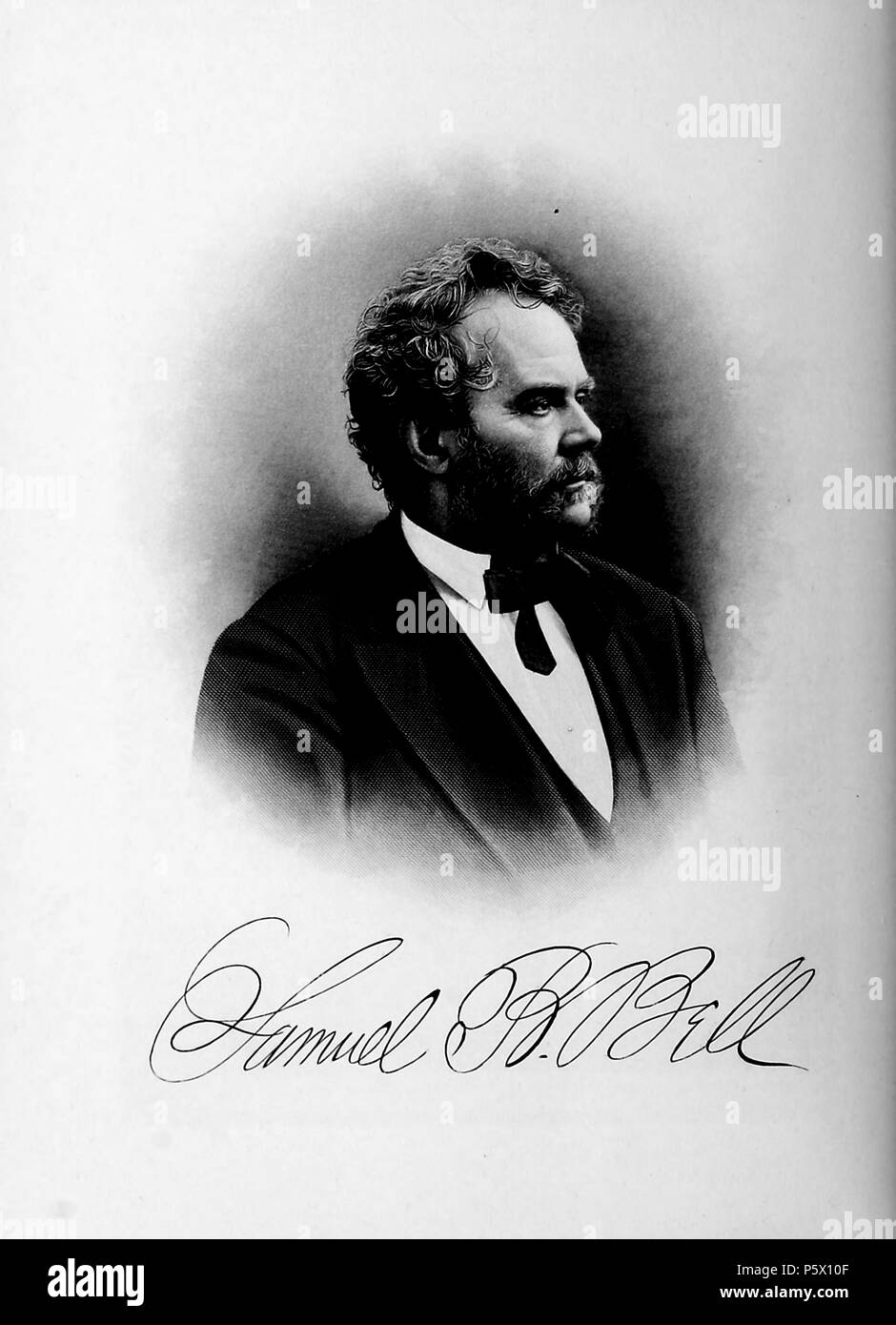 Black and white portrait photograph of prominent Californian, Samuel Bookstaver Bell, shown in profile, from the chest up, with a short beard and mustache, a dark suit and tie, and a serious expression on his face, from the volume 'History of the State of California and Biographical Record of Oakland and Environs, ' authored by JM (James Miller) Guinn, and published in Los Angeles by the Historic Record Co, 1907. Courtesy Internet Archive. () Stock Photo