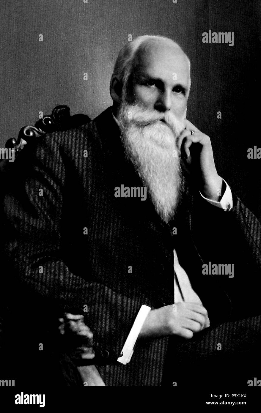 Black and white portrait photograph of Francis J Fluno, founder of Oakland's first Christian Scientist church, shown seated, in three-quarter view, with a white beard and mustache, a dark suit, and a thoughtful expression on his face, from the volume 'History of the State of California and Biographical Record of Oakland and Environs, ' authored by JM (James Miller) Guinn, and published in Los Angeles by the Historic Record Co, 1907. Courtesy Internet Archive. () Stock Photo