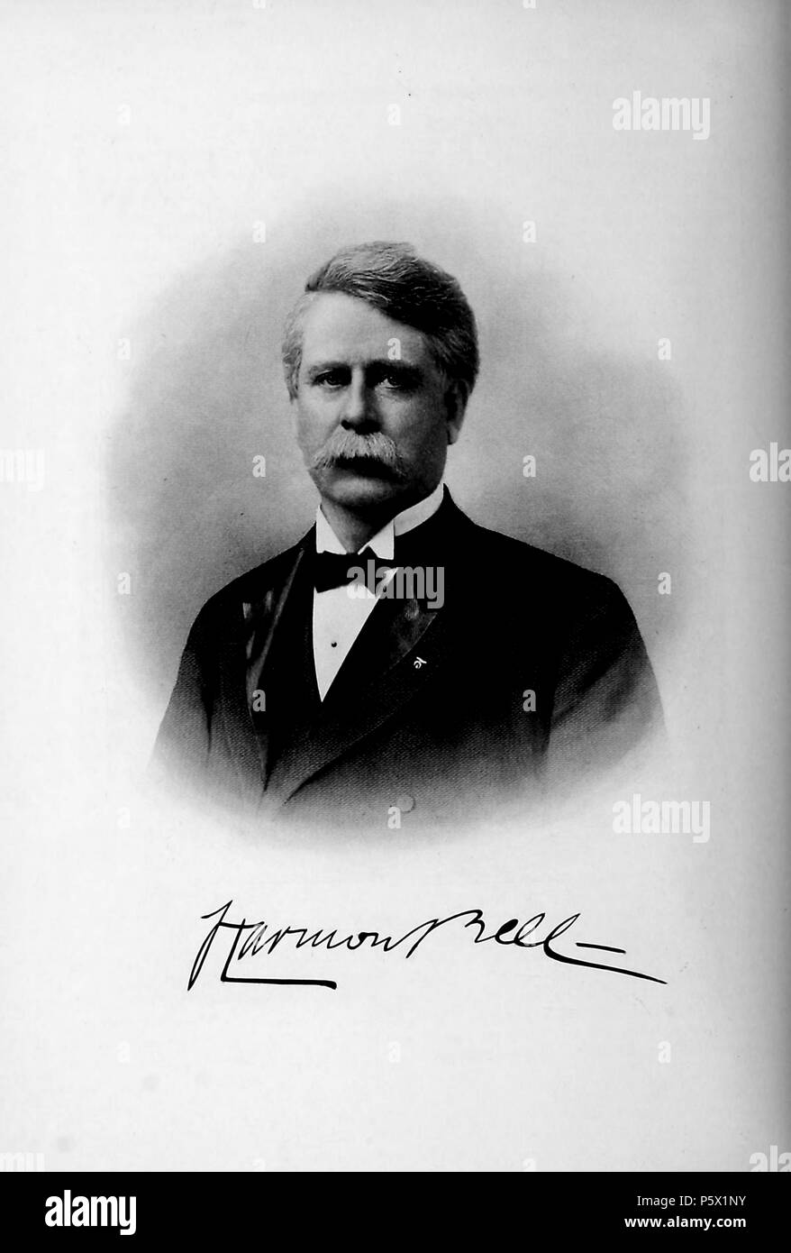 Black and white portrait photograph of prominent California attorney, Harmon Bell, shown from the chest up, looking at the camera, with a serious expression on his face, a white mustache, and wearing a dark suit and tie, from the volume 'History of the State of California and Biographical Record of Oakland and Environs, ' authored by JM (James Miller) Guinn, and published in Los Angeles by the Historic Record Co, 1907. Courtesy Internet Archive. () Stock Photo