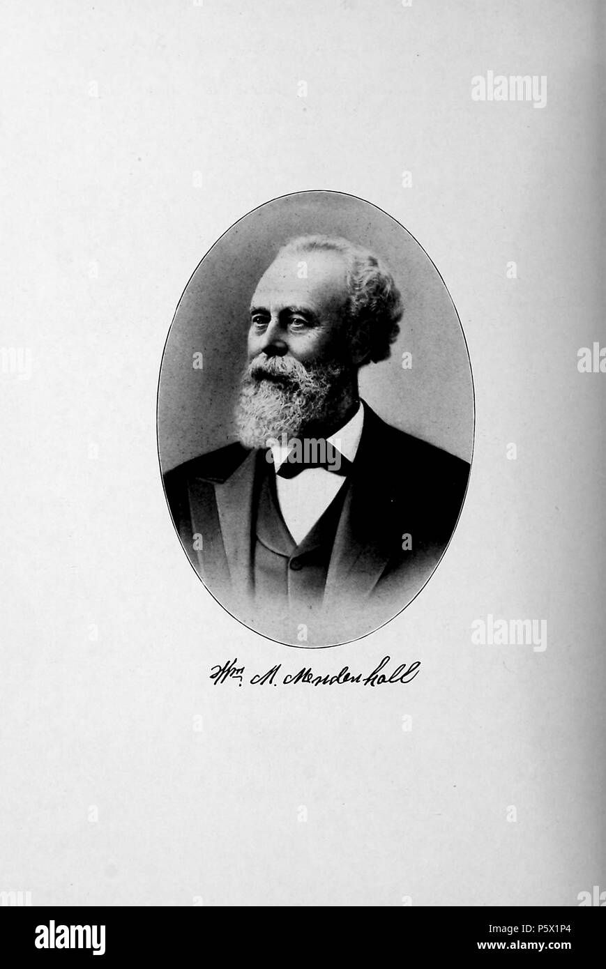Black and white portrait photograph of prominent California pioneer and founder of Mendenhall Springs health spa, William M Mendenhall, shown from the chest up, looking off camera, with a bushy white beard, an animated expression on his face, and wearing a dark suit and tie, from the volume 'History of the State of California and Biographical Record of Oakland and Environs, ' authored by JM (James Miller) Guinn, and published in Los Angeles by the Historic Record Co, 1907. Courtesy Internet Archive. () Stock Photo