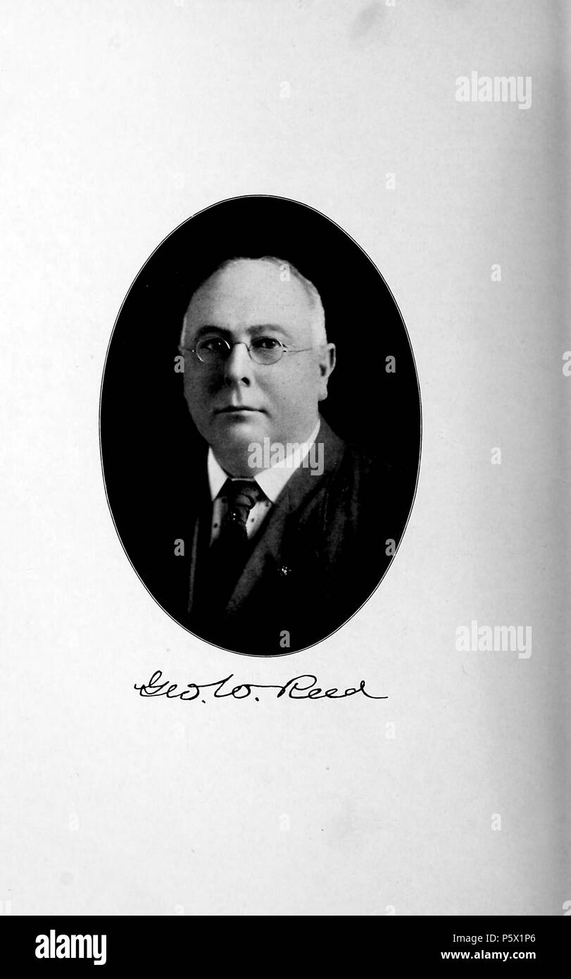 Black and white portrait photograph of prominent Oakland attorney, George W Reed, shown from the chest up, facing the camera, with a serious expression on his face, wearing wire-rimmed glasses and a dark suit and tie, from the volume 'History of the State of California and Biographical Record of Oakland and Environs, ' authored by JM (James Miller) Guinn, and published in Los Angeles by the Historic Record Co, 1907. Courtesy Internet Archive. () Stock Photo