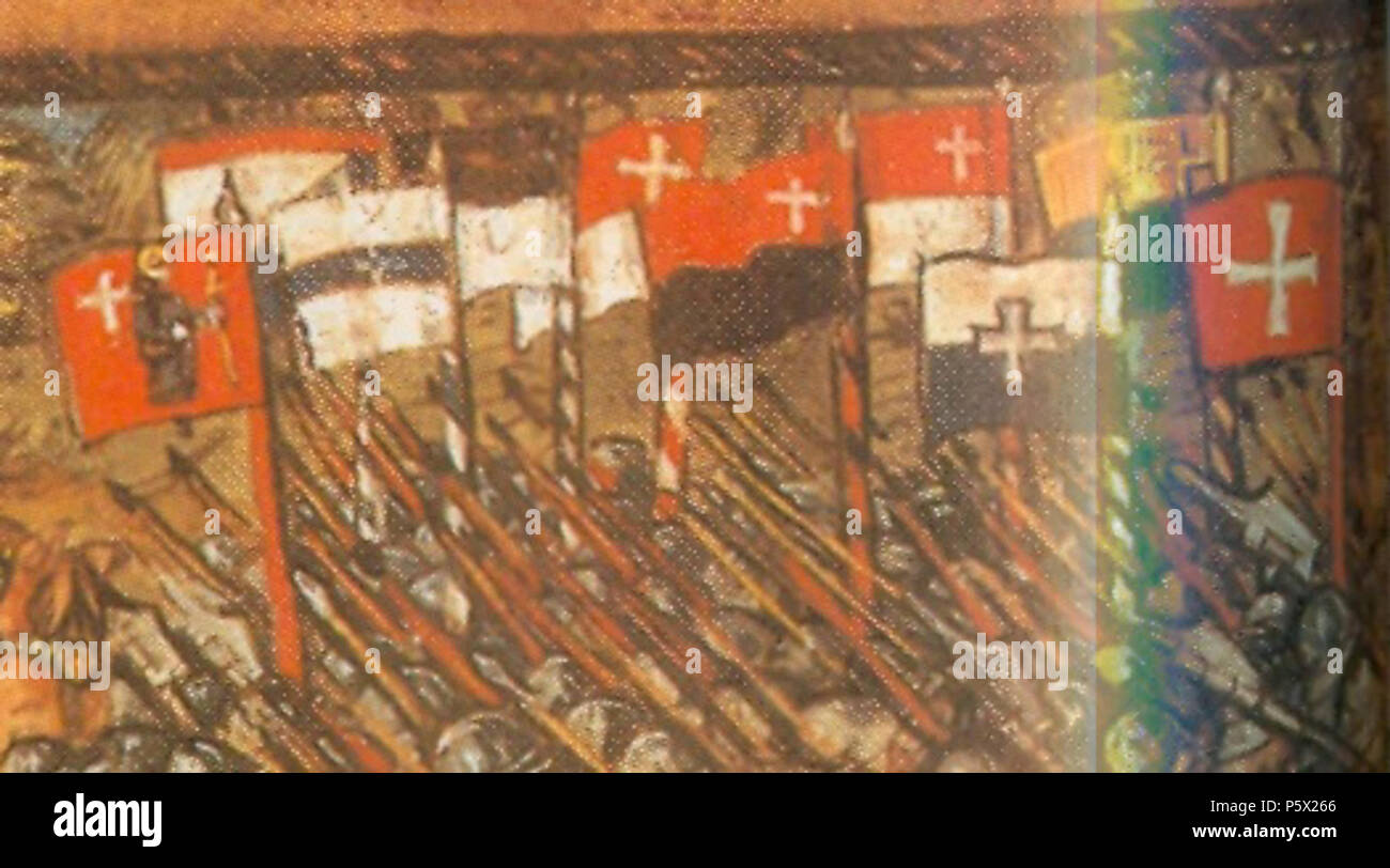 N/A. English: Depiction of the Swiss confederate flags at the battle of Nancy (1477) Detail of the plate depicting the battle in the Luzerner Chronik of Diebold Schilling (1513). All flags of the Eight Cantons are shown, but the flags of Berne and Uri omit the heraldic animal, showing only the cantonal colours. In addition, the flags of Fribourg and Solothurn are shown, at the time not yet full members, who would join the confederacy in the aftermath of this battle, in 1481. The flag of the city of Basel is shown separately, behind the confederate flags (not included in this detail). Each flag Stock Photo