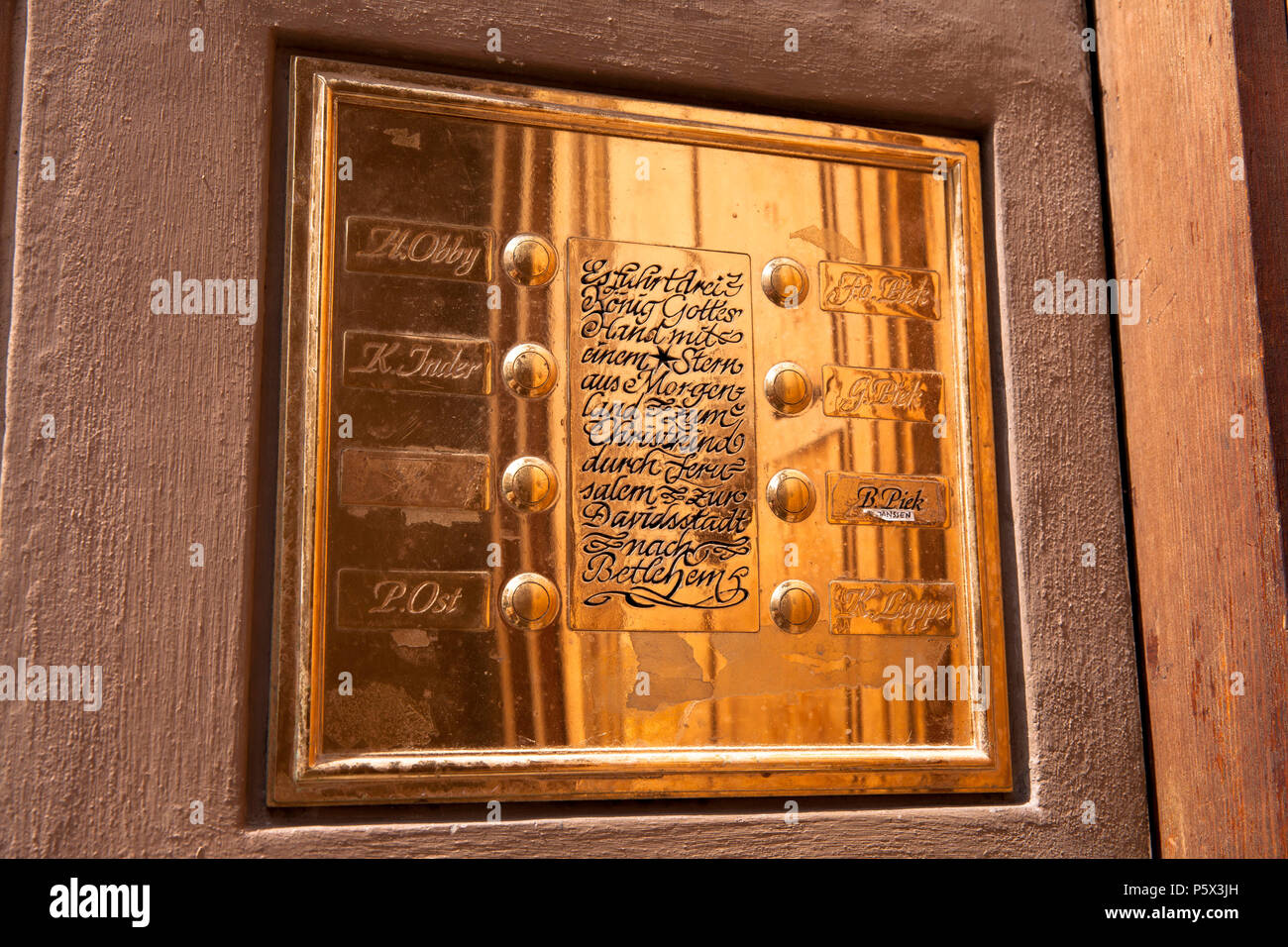 Germany, Cologne, doorbell panel of an old apartment building with verse of a poem by Friedrich Spee.  Deutschland, Koeln, Klingelschild an einem Altb Stock Photo