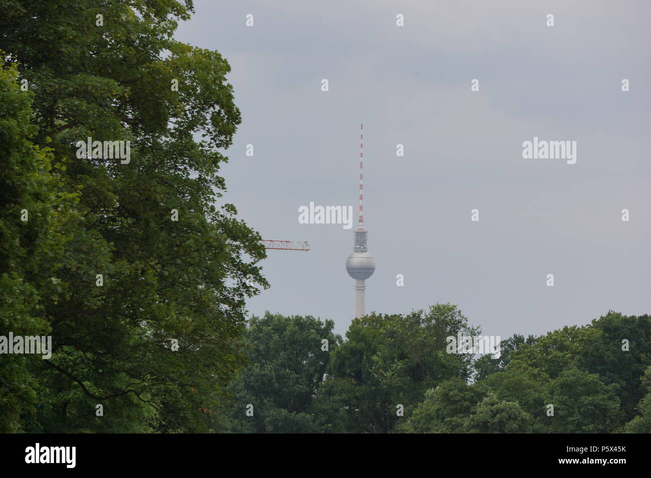Television tower at the Alexanderplatz  with crane arm from the left side, seen from Hasenheide park Neukoelln, Berlin Stock Photo