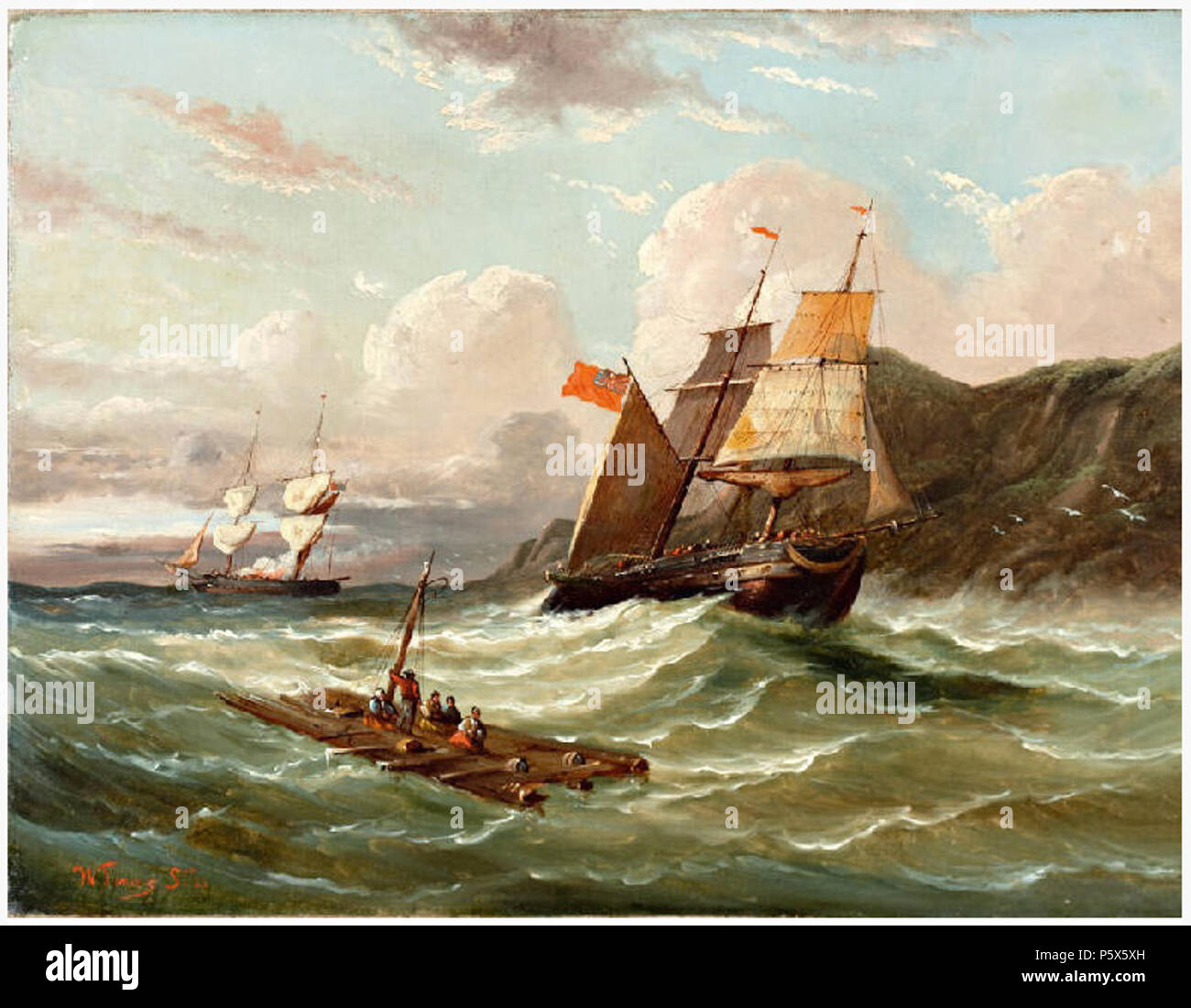 Saling Raft English: Raft and sailing ship near the coast between 1844 and 1860. N ...