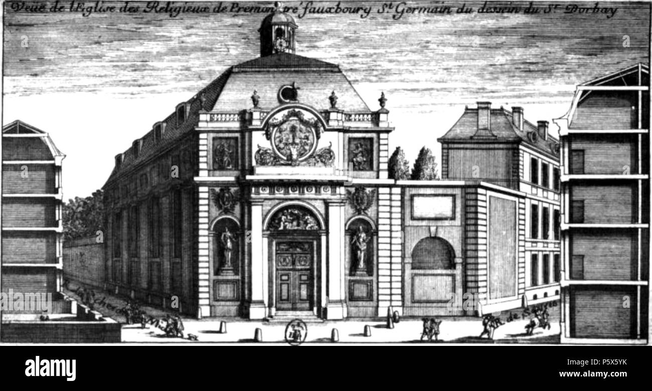 N/A. English: View of the Premonstratensian Church between the Rue de Sèvres and the Rue du Cherche-Midi in the Faubourg Saint-Germain, as designed in 1661 by François d'Orbay (demolished in 1719). The arms of Anne of Austria, who commissioned the work, and the bas-relief of the attic (The Eucharist Carried by the Angels) were sculpted by Étienne Le Hongre (see Hautecoeur, Histoire de l'architecture classique en France, 1948, vol. 2, p. 121). 17th century. Architect:   François d'Orbay  (1634–1697)     Alternative names François d'Orbay François II d'Orbay François Dorbay  Description French d Stock Photo