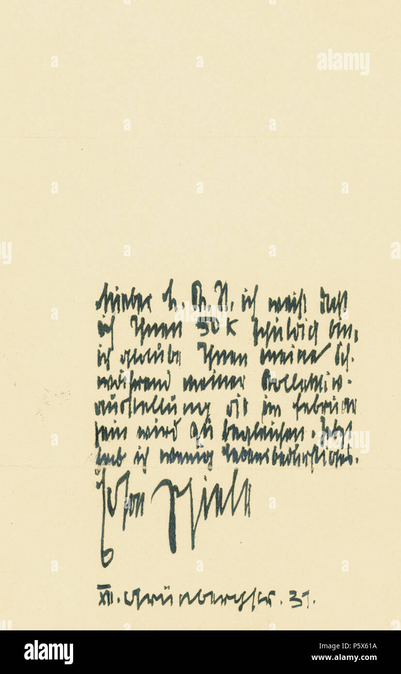 N/A. Deutsch: Brief von Egon Schiele, Wien, ohne Jahr. '... ich weiß daß ich Ihnen 50 K schuldig bin, ich glaube Ihnen meine Sch. während meiner Kollektivausstellung die im Februar sein wird zu begleichen. Jetzt hab ich wenig Lebensbedürftiges ...'. Mit Schieles Anschrift: 'XII. Grünbergstr. 31.' . by 1918.   Egon Schiele  (1890–1918)      Alternative names Schiele; schiele egon; e. schiele  Description Austrian painter, engraver, drawer and visual artist  Date of birth/death 12 June 1890 31 October 1918  Location of birth/death Tulln an der Donau near Vienna Vienna  Work location Vienna  Auth Stock Photo