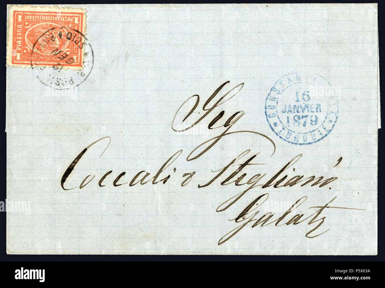 N/A. English: Letter mailed at the Egyptian post office at Chios in 1879. Chios was part of the Ottoman Empire until its annexation to Greece in 1912. The letter, franked with a regular Egyptian stamp is cancelled by 'V.R. Posta Egiziane Scio'. The letter was routed to the Egyptian post office in Constantinople, transferred to the French post office there, sent by steamer to Odessa, and from there sent by rail to Galatz in Moldavia, Romania. 11 October 2014, 12:01:50. Letter mailed in 1879 497 Egypt P. O. Chios 1879 Stock Photo