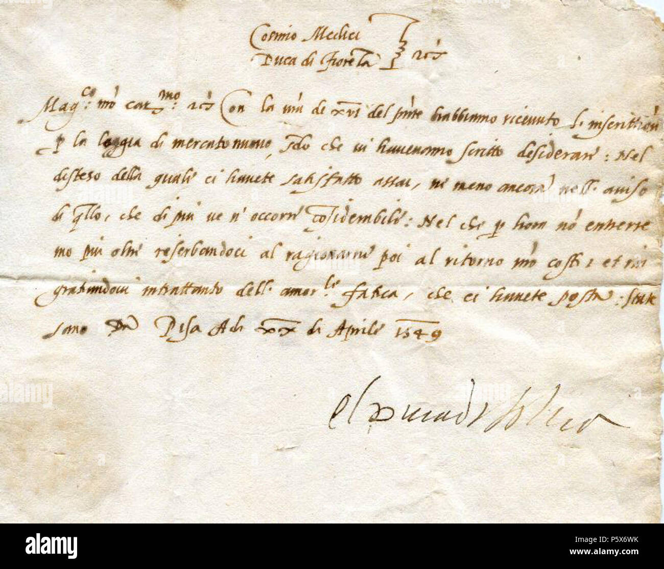 N/A. English: Letter from Cosimo I de’ Medici, Grand Duke of Tuscany, to the Humanist Piero Vettori (1499–1585). According to the date at the end, written “xx di Aprile 1549”. While the letter was obviously written by some professional writer (as usual in that time), the signature at the end seems authentic. 20 April 1549. Cosimo I de' Medici 383 Cosimo I de' Medici - Letter to Piero Vettori - 1549-04-20 Stock Photo