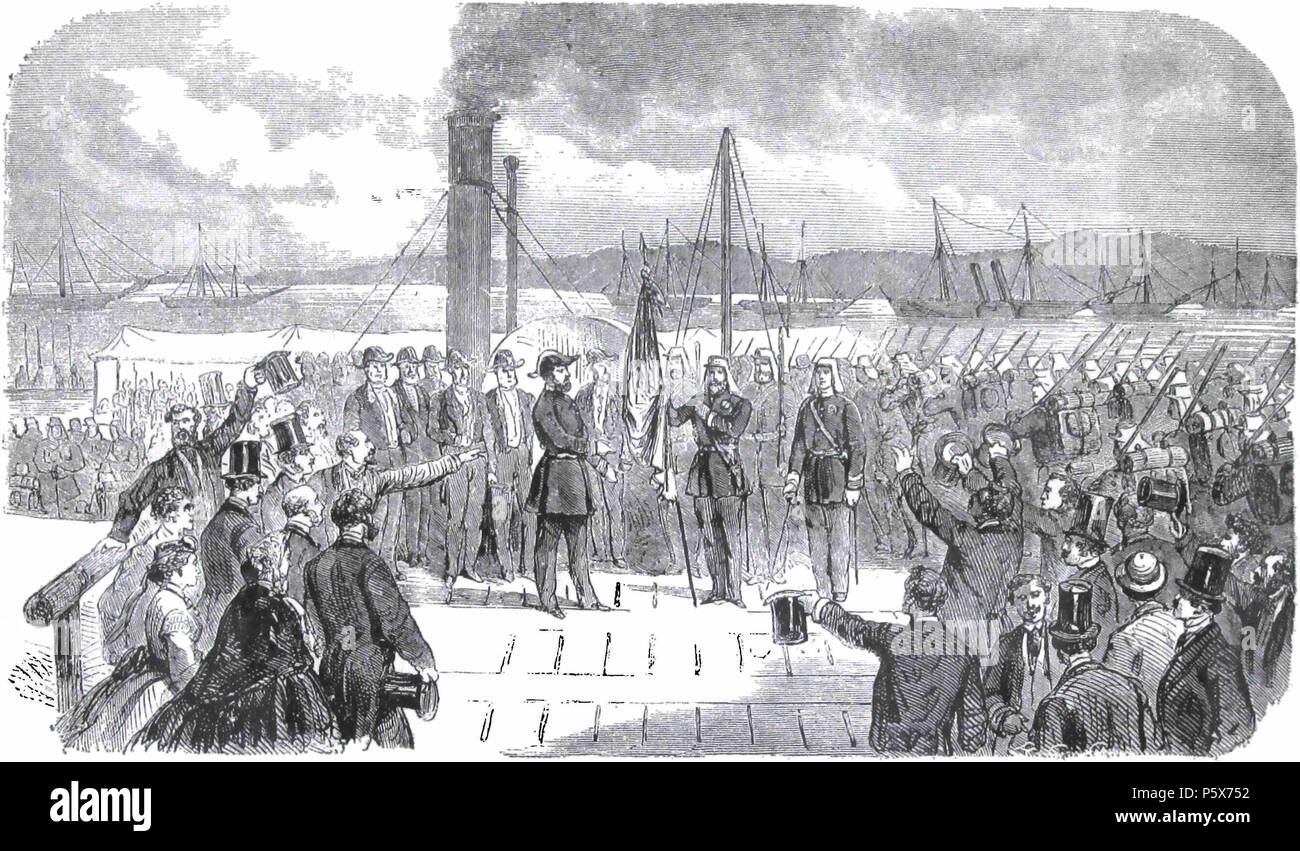 499 El emperador del Brasil entregando la bandera á la Guardia Nacional, en el momento de su salida para el Paraguay (1865) Stock Photo