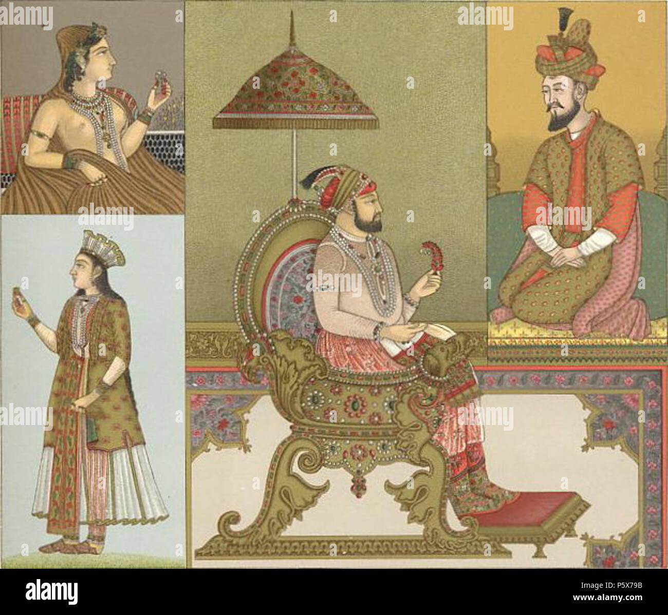 N/A.  English: Costume of India - Moguls. A Mogul woman (upper left) who has colored her upper body and face yellow with saffron dye. The Mogul Emperor Farouksiar (center), who died in 1719, and the Emperor Houmaioun (upper right), who died in 1556. . 1888. N/A 383 Costume of India - Moguls Stock Photo