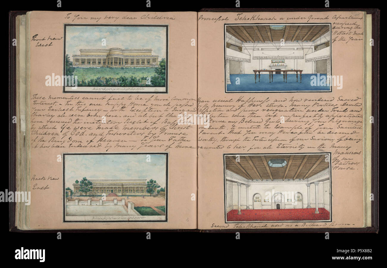 N/A. English: Different views of the Metcalfe House, Delhi, 1843. From 'Reminiscences of Imperial Delhi’, an album consisting of 89 folios containing approximately 130 paintings of views of the Mughal and pre-Mughal monuments of Delhi, as well as other contemporary material, with an accompanying manuscript text written by Sir Thomas Theophilus Metcalfe (1795-1853), the Governor-General’s Agent at the imperial court. Details at Britsh Library page . 1843.   Sir Thomas Metcalfe, 4th Baronet  (1795–1853)     Alternative names Thomas Theophilus Metcalfe  Description British colonial administrator  Stock Photo
