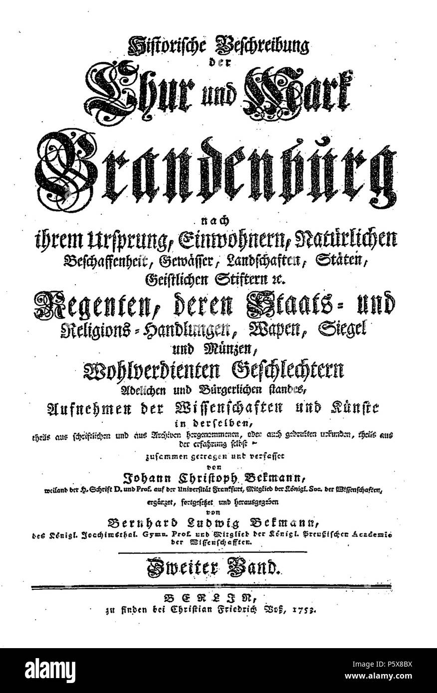 N/A. Deutsch: Titelblatt des Buchs 'Historische Beschreibung der Chur und Mark Brandenburg' von Bekmann 1753 . 1753. Bekmann 184 Bekmann Titelblatt Stock Photo