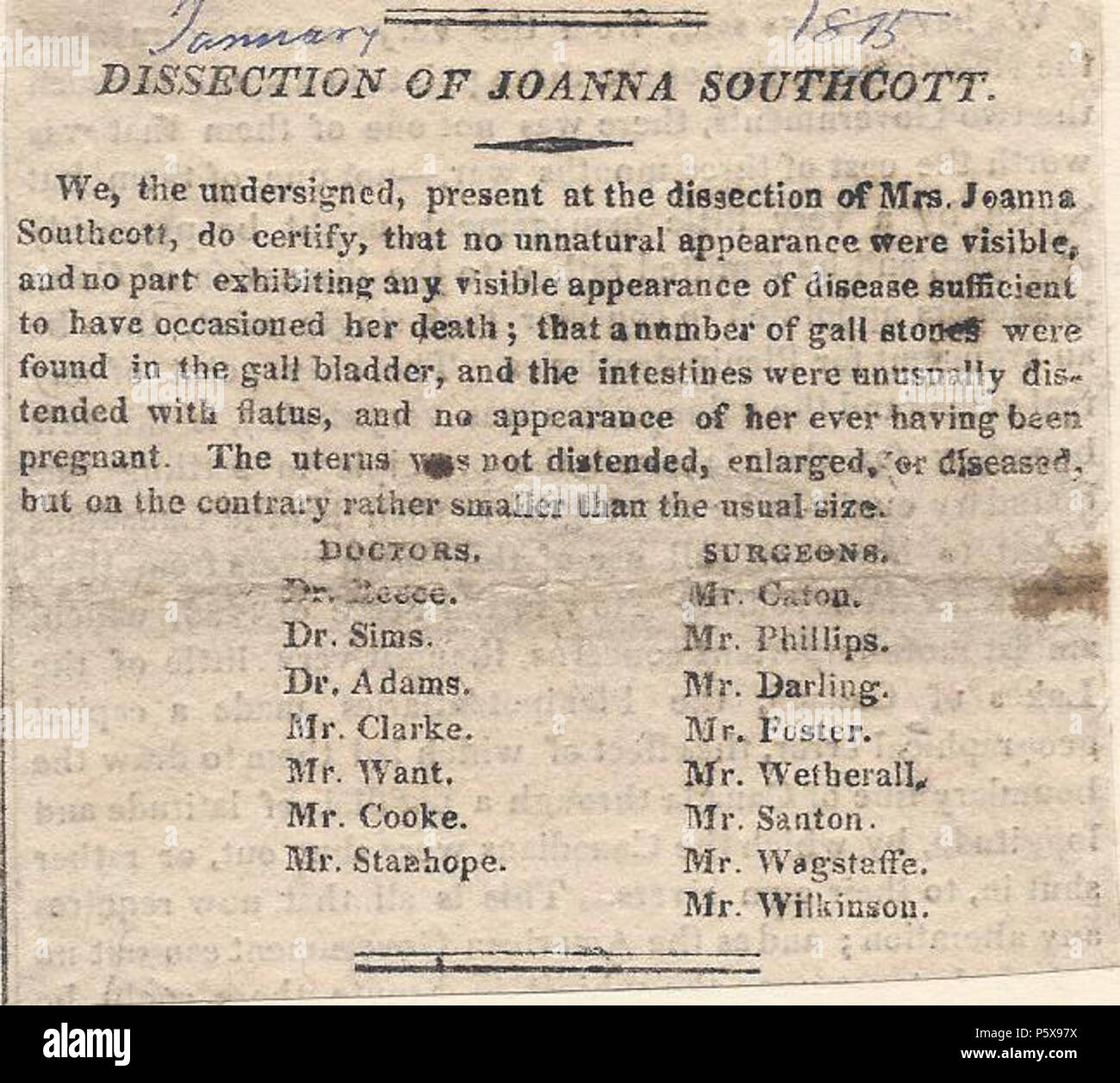 N/A. English: Report of the Dissection of Joanna Southcott. January 1815. Thew Weekly Messenger Compendium. London. 9 August 2014, 19:53:10. Doctor Richard Reece an colleagues 457 Dissection Joanna Southcott Stock Photo