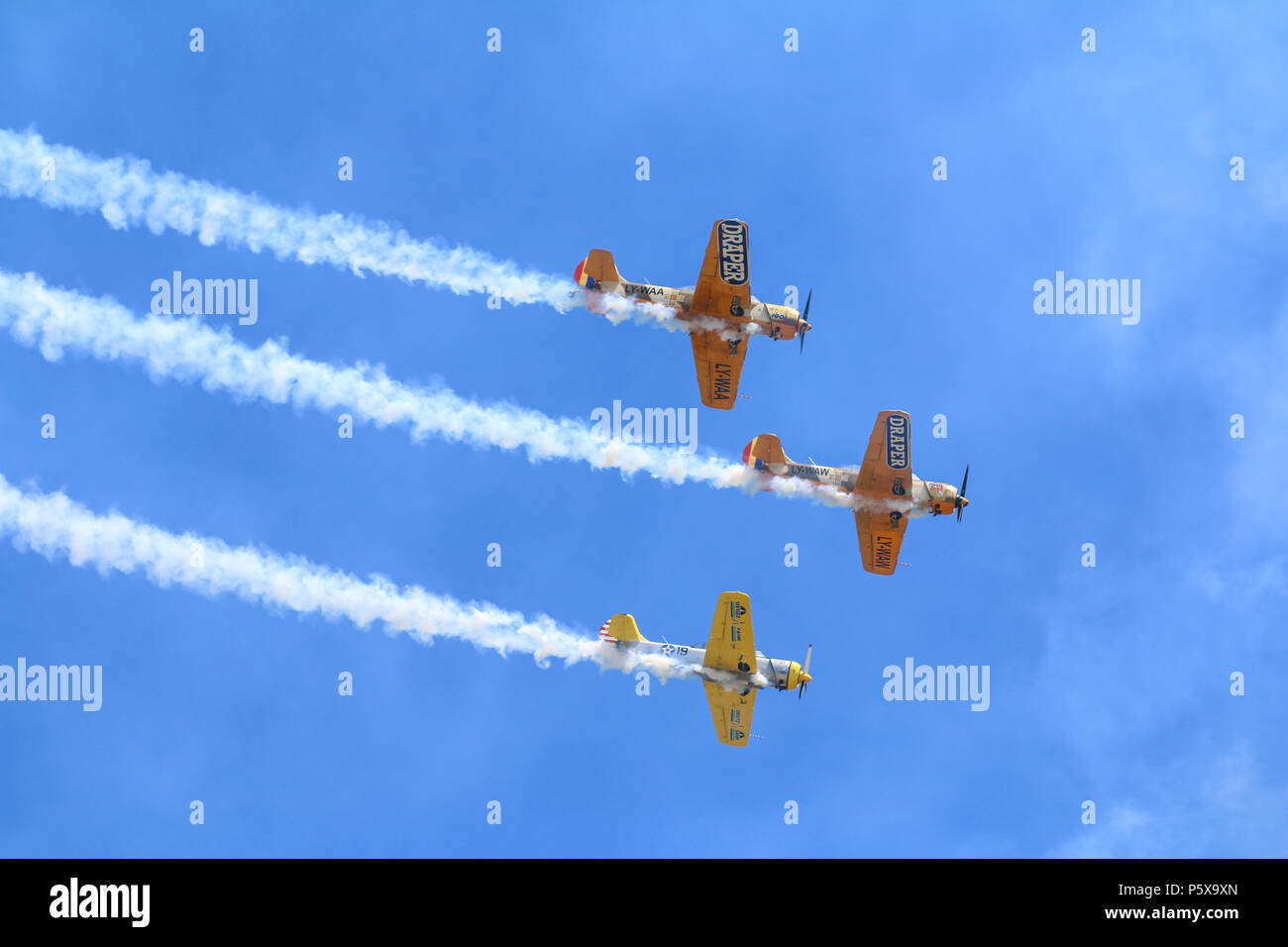 Yak 52 airplane from the team Iacarii Acrobati performing a demonstration flight at Timisoara Airshow Stock Photo