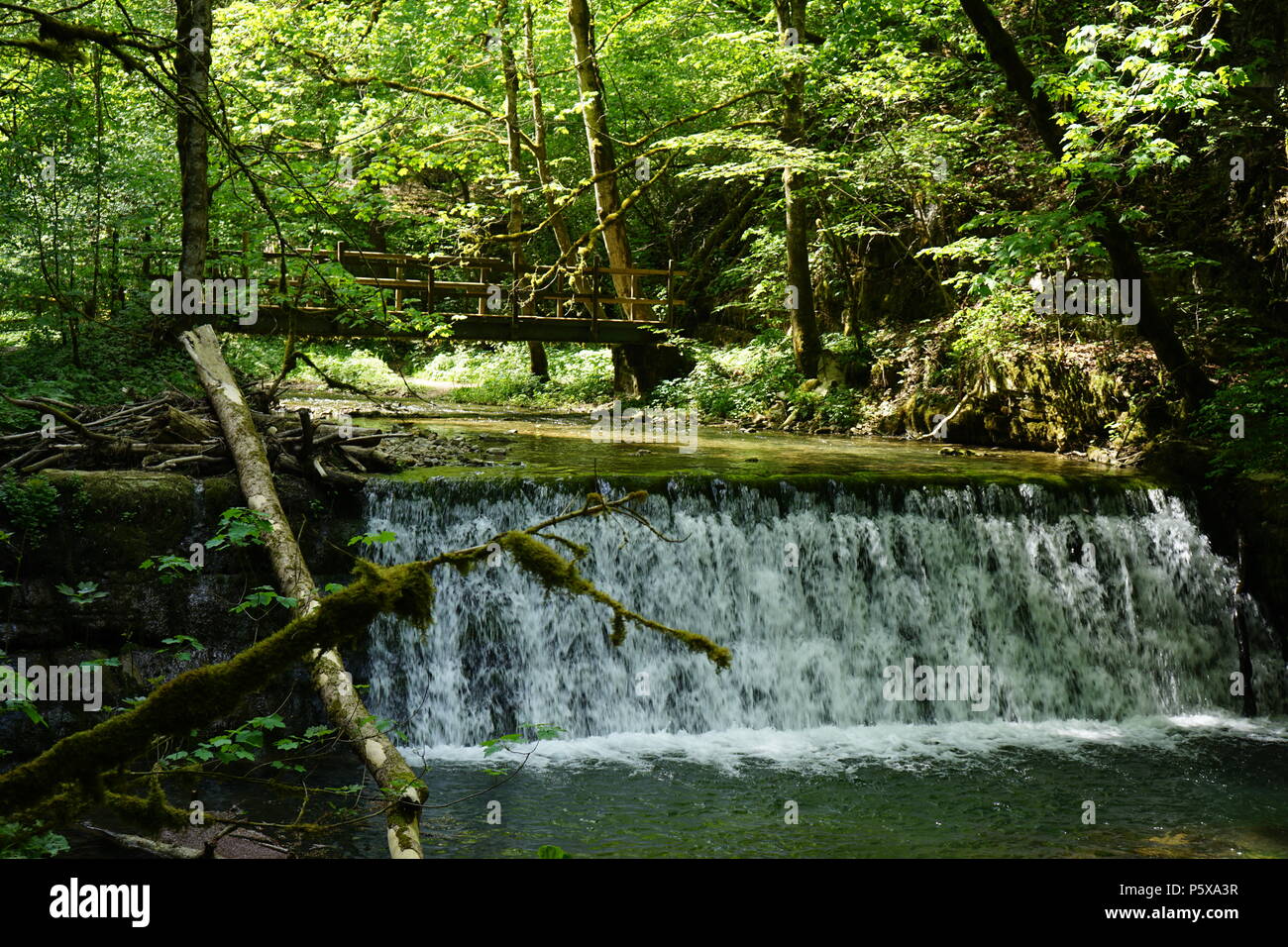 kleiner Wasserfall, Staustufe einer alten Mühle, Gauchachschlucht, Drei-Schluchten-Wanderung, Nebenschlucht der Wutachschlucht, Baden Württemberg, Stock Photo