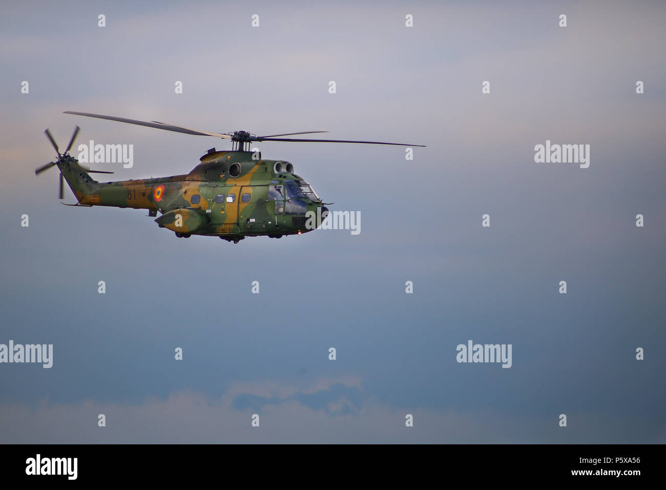 Romanian Air Force IAR 330 Puma helicopter performing a demonstration flight at Timisoara Airshow Stock Photo