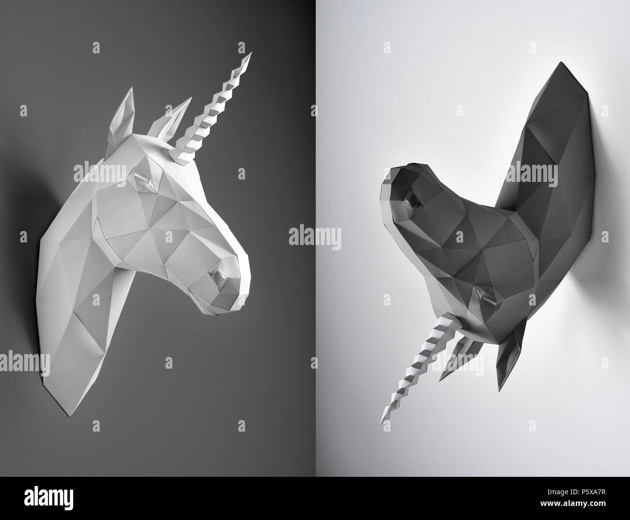 Contrast Collage Of Two Photos Of Black And White Unicorns