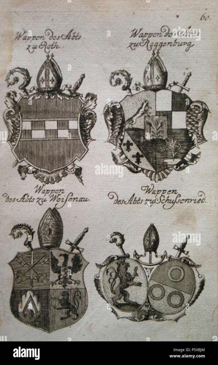 N/A. English: Coats of arms of the Imperial abbots of Roth, Roggenburg , Weissenau and Chussenried published in a 1767 armorial . 9 October 2012, 20:37:53. Armorial 'Der durchlauchtigen Welt vollständiges Wappenbuch', 1767 359 Coats of arms of the Imperial abbots of Roth, Roggenburg , Weissenau and Schussenried Stock Photo