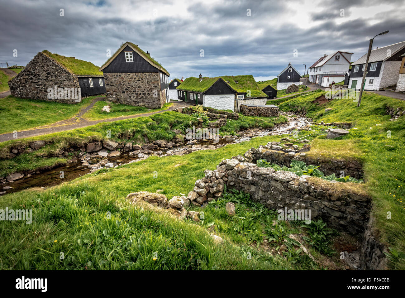 house with green roof in mykines faroe islands Stock Photo