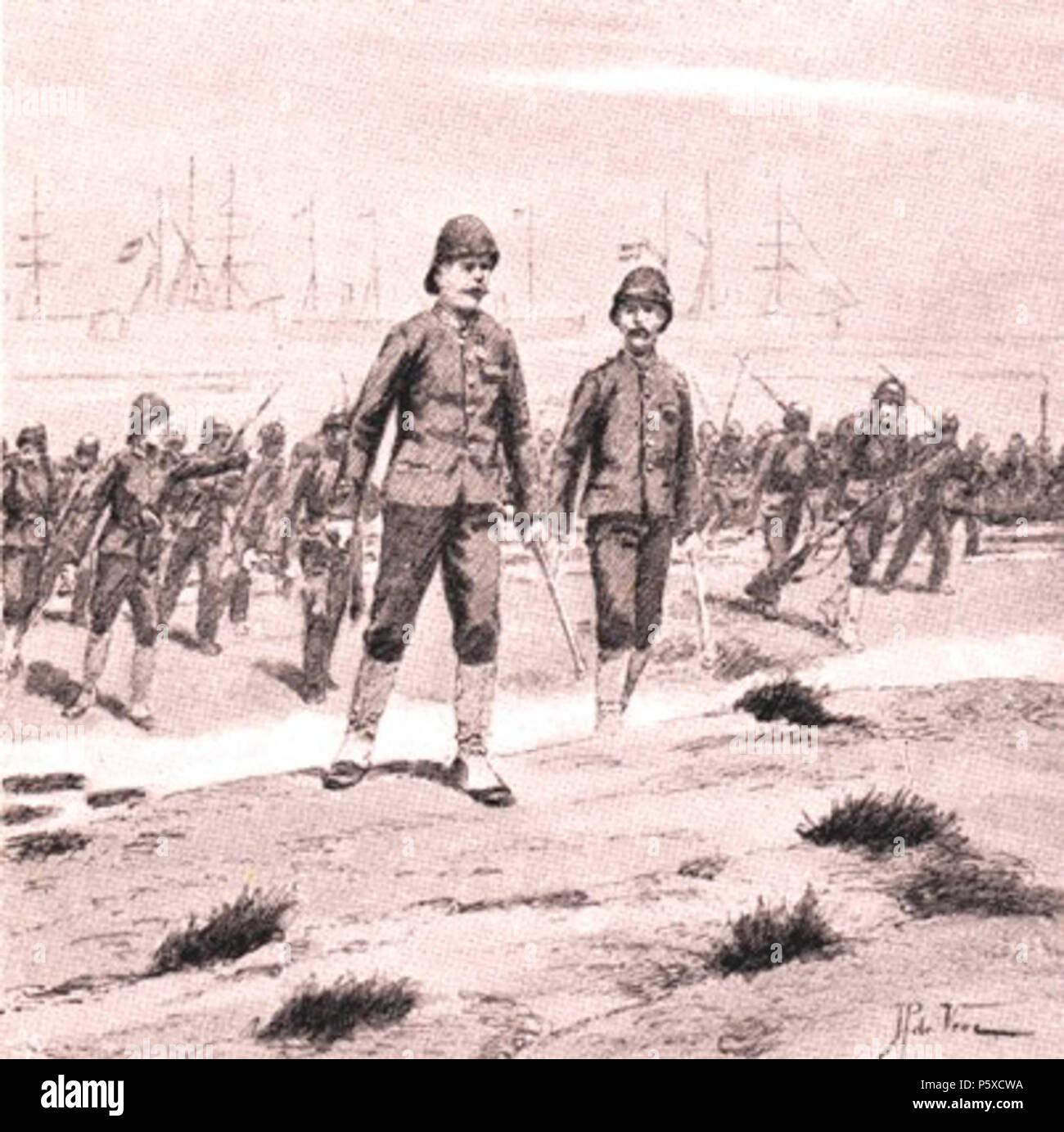 N/A. English: Aankomst van de troepen van generaal van Ham . 1896. W. Cool 421 De landing, generaal van Ham gaat de troepen voor. Stock Photo