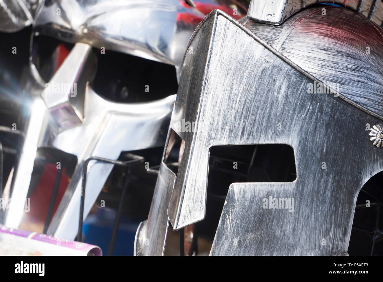 Gladiator metal helmets. Roman and Greek warrior Stock Photo