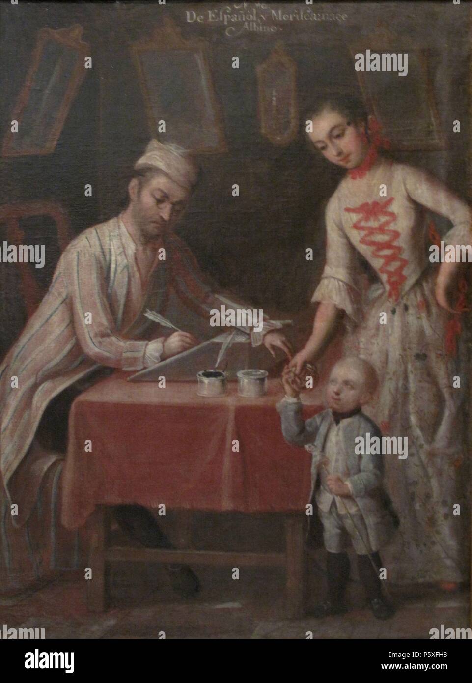 'Castas. De español y morisca, albino', 1774, Oil on canvas, 75 x 54 cm. Author: Andres de Islas (fl. 1753-1775). Location: MUSEO DE AMERICA-COLECCION, MADRID, SPAIN. Stock Photo