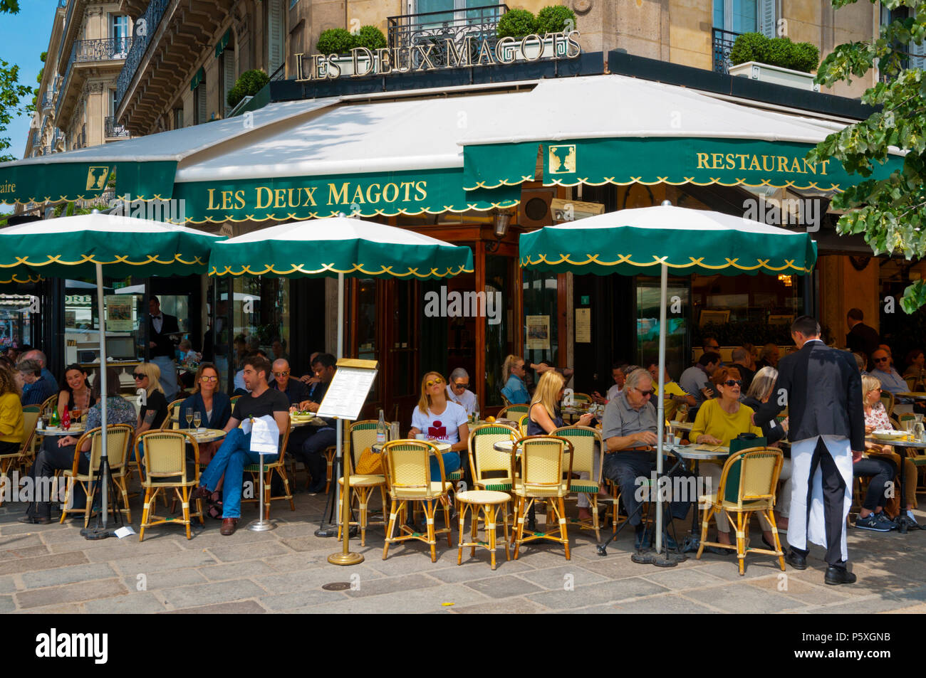 Restaurant cafe Les Deux Magots, St Germain des Pres, Left Bank, Paris, France Stock Photo