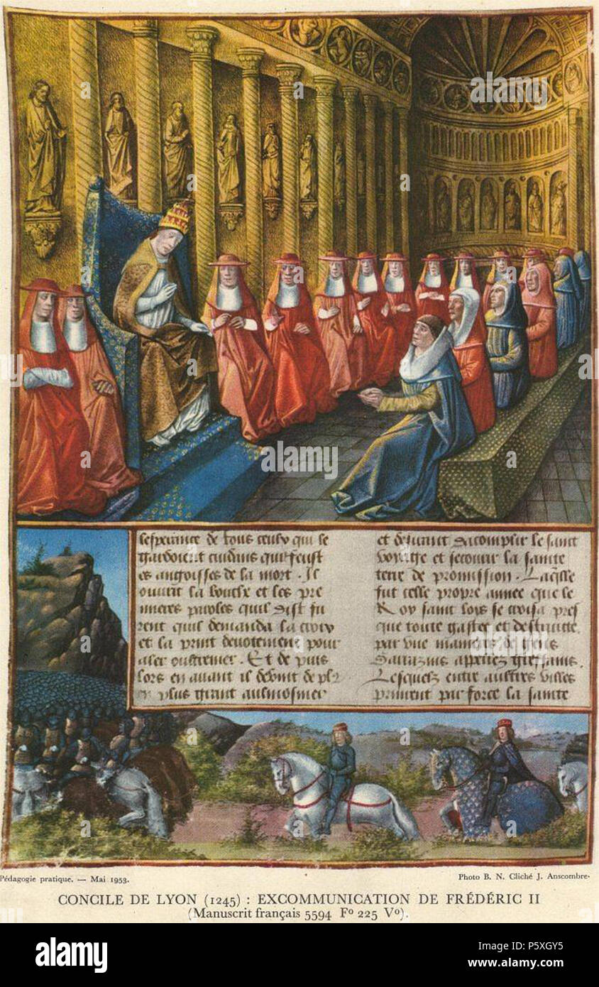 N/A. Excommunication of emperor Fridrich II in Lyon 1245 . French manuscript medieval. medieval picture, author died more as 100 years ago 374 Concile de Lyon et excommunication de Frederic II Stock Photo