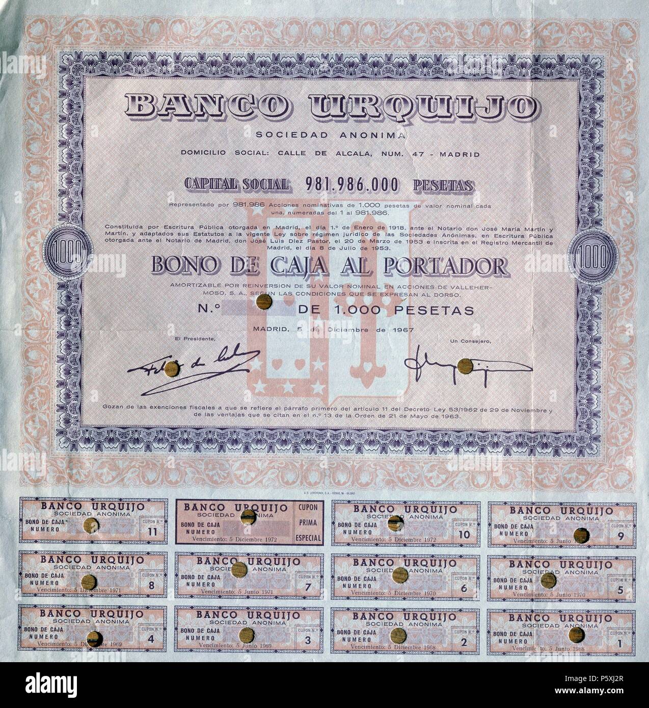 BONO DE CAJA DEL BANCO URQUIJO DE 1000 PATS-5/2/1967. Location: BOLSA DE COMERCIO-COLECCION, MADRID, SPAIN. Stock Photo