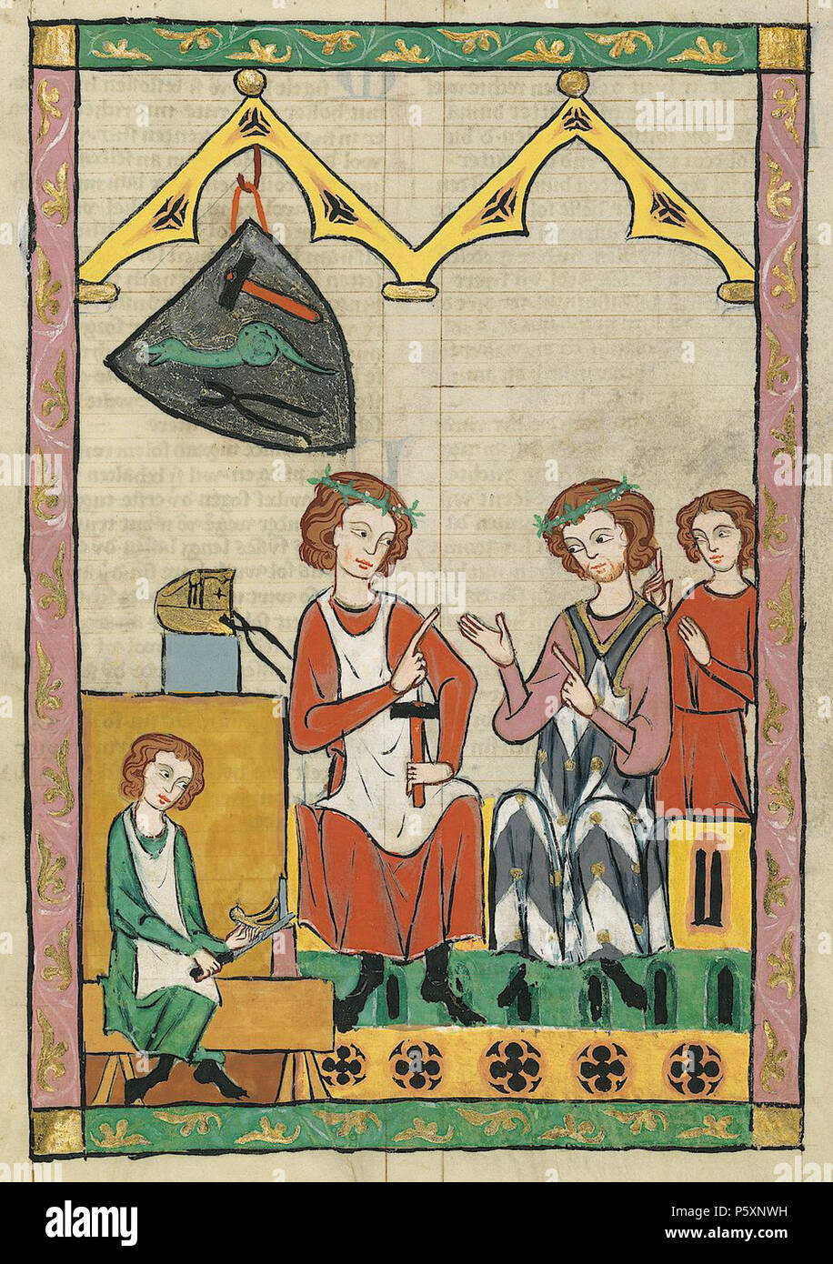 N/A. Deutsch: Codex Manesse, UB Heidelberg, Cod. Pal. germ. 848, fol. 381r: Regenbogen English: Codex Manesse, fol. 381r, Regenbogen. Regenbogen is shown in a discussion with another singer, maybe Frauenlob. The tools and coat of arms indicate that he was a smith, while only the small assistant to the left is actually working. between 1305 and 1340.   Meister des Codex Manesse (Nachtragsmaler I)     Description German painter  Work period c. 1305–1340 () 363 Codex Manesse Barthel Regenbogen Stock Photo