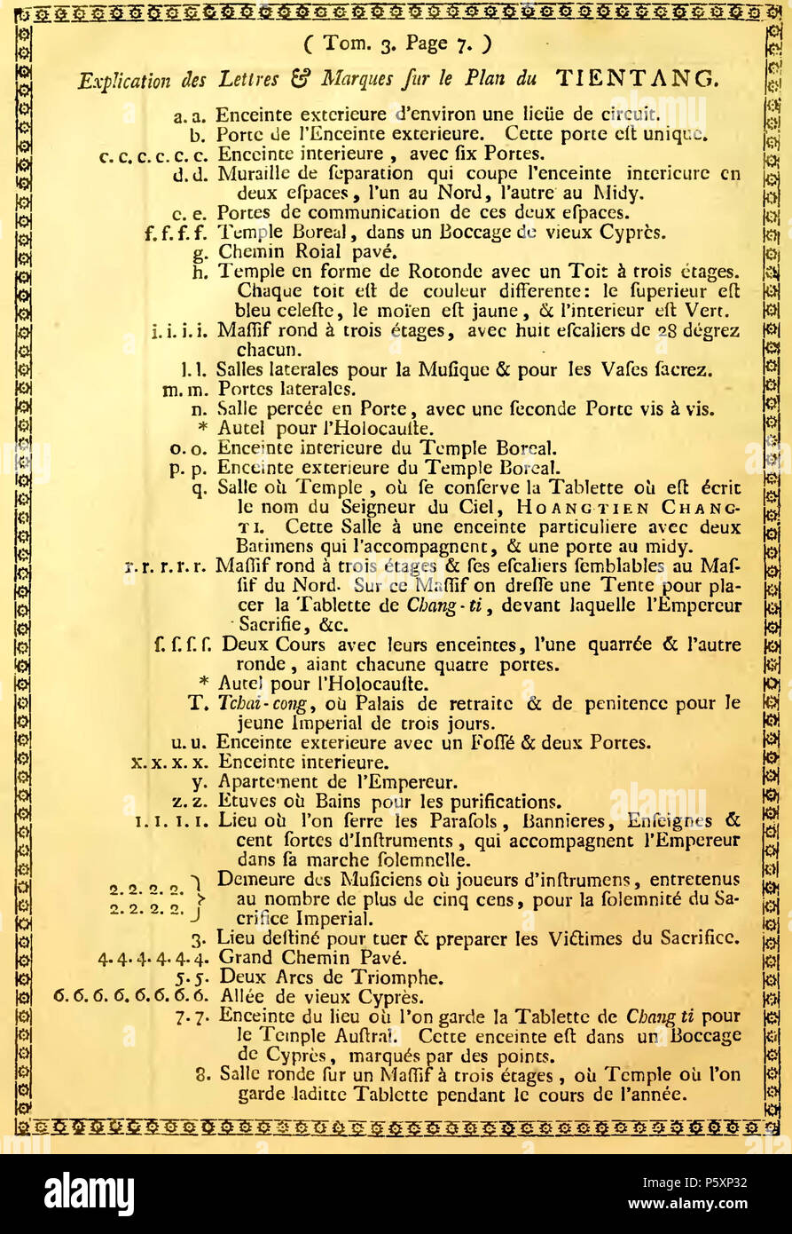 N/A. English: An engraving from the La Haye edition of the Description of  China, Vol. III, p. 10. An explanation of the letters and marks on Du  Halde's diagram of the Temple