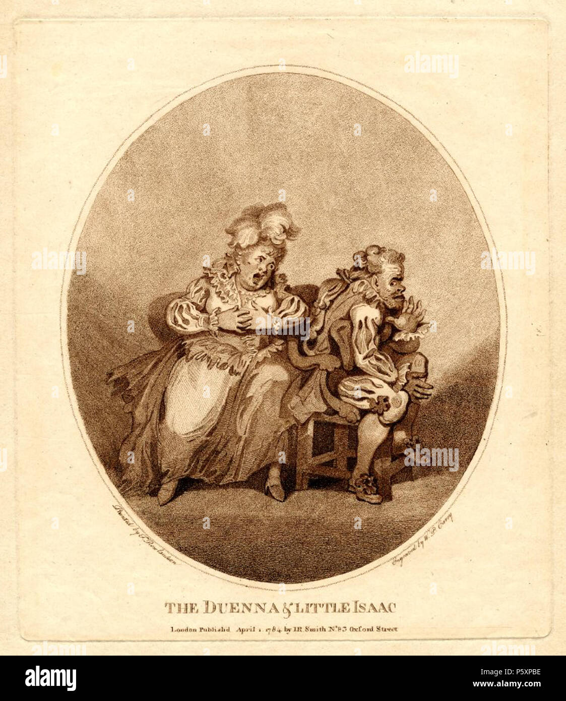 N/A. English: Scene from the opera Sardu: The Duenna , libretto by Richard Brinsley Sheridan, with actors identified as John Quick as Little Isaac, and Jane Green as the Duenna. 1784. Engraver William Paulet Carey, after Thomas Rowlandson 484 Duenna and Little Isaac Carey Stock Photo