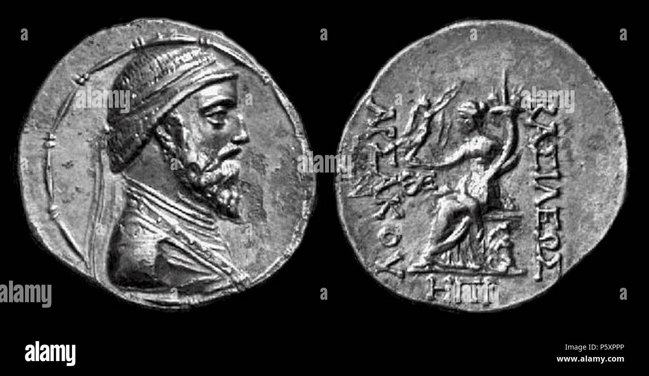 N/A. English: Coin of Artabanus I of Parthia. Reverse shows a seated goddess (perhaps Demeter) holding Nike and a cornucopia. Text reads   (King of the Arsacid Dynasty). The date  is 188 of the Seleucid era, that is, 125 BC–124 BC. 2 April 2005 (original upload date). Gdr at en. 365 Coin of Artabanus I of Parthia Stock Photo
