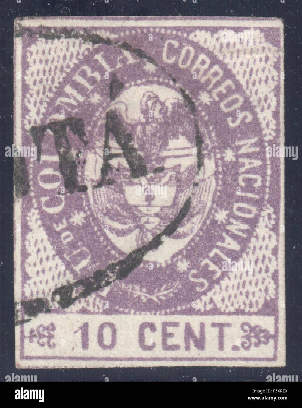 N/A. English: Colombia 1865 10c violet, used '(BOGO)TA'. Signed. Catalogue: Sc. 38, Mi. 29 Paper: White wove unwtmk Perforation: imperforated Printing: Lithography Printer: Ayala Medrano Printing Ltd, Bogota . 1865. Colombian government 367 Colombia 1865 Sc38 Stock Photo