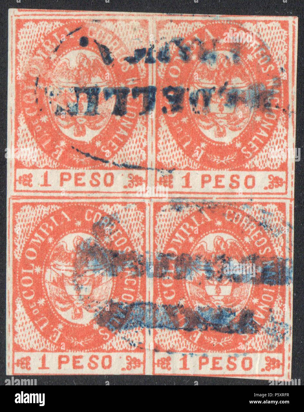 N/A. English: Colombia 1865 1P vermillion block of four, used 'MEDELLÍN FRANCA'. Signed. Catalogue: Sc. 42, Mi. 32a Paper: White wove unwtmk Perforation: imperforated Printing: Lithography Printer: Ayala Medrano Printing Ltd, Bogota . 1865. Colombian government 367 Colombia 1865 Sc42B4 Stock Photo