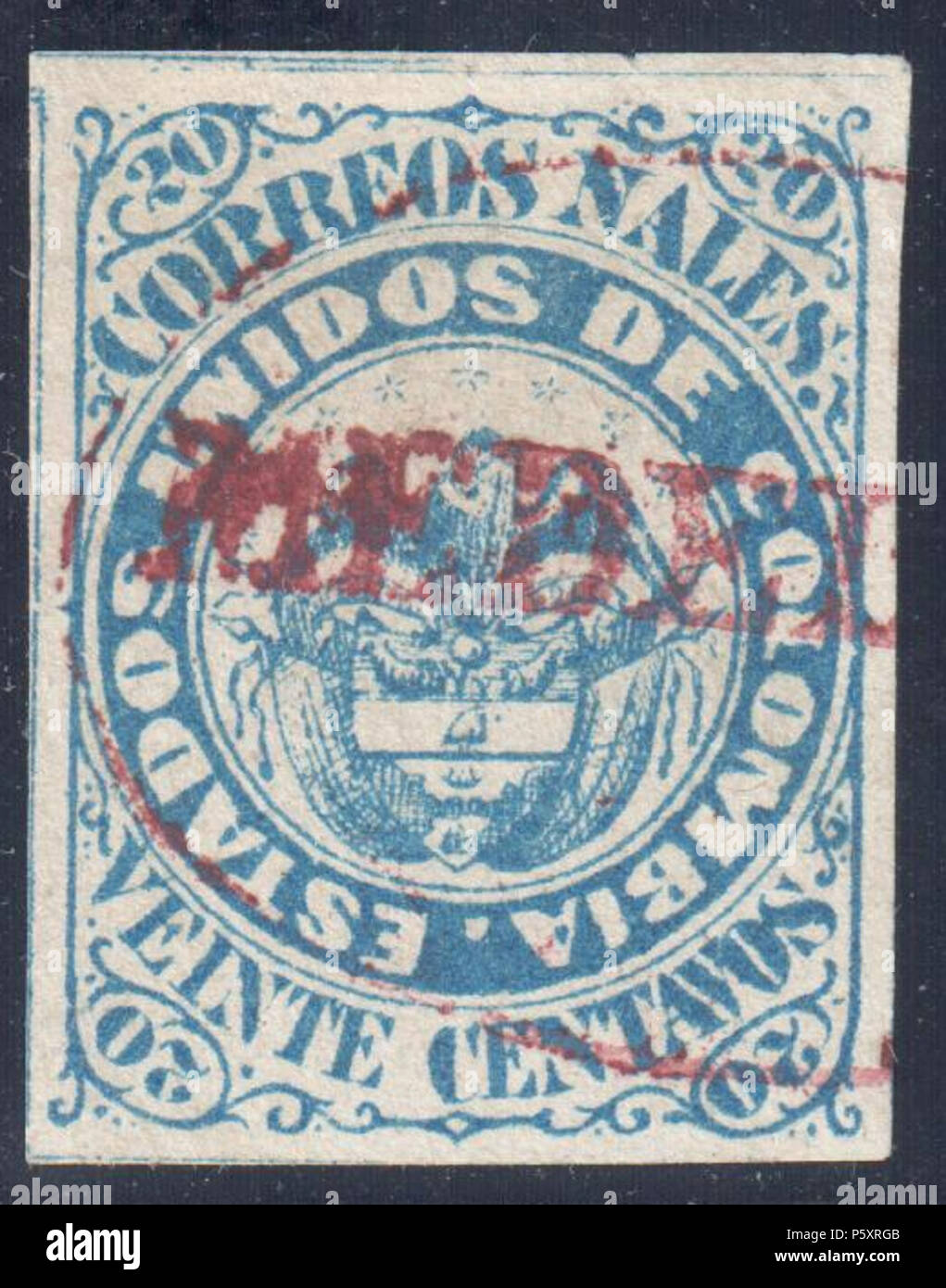 N/A. English: Colombia 1868 20c blue, used 'MEDEL(LIN)'. Signed. Catalogue: Sc. 55, Mi. 48 Paper: White wove unwtmk Perforation: imperforated Printing: Lithography Printer: Ayala Medrano Printing Ltd, Bogota . 1868. Colombian government 367 Colombia 1868 Sc55rc Stock Photo